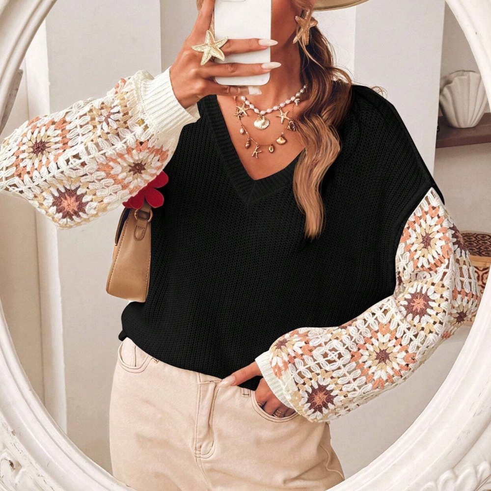 Cozy Floral Crochet V neck Oversized Sweater Top